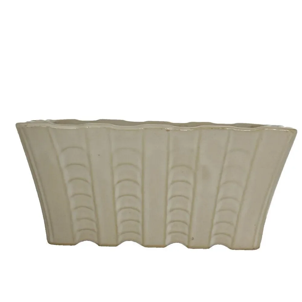 Vintage Pottery Planter Rectangle Beige/Tan Ribbed Scalloped MCM Mid Century